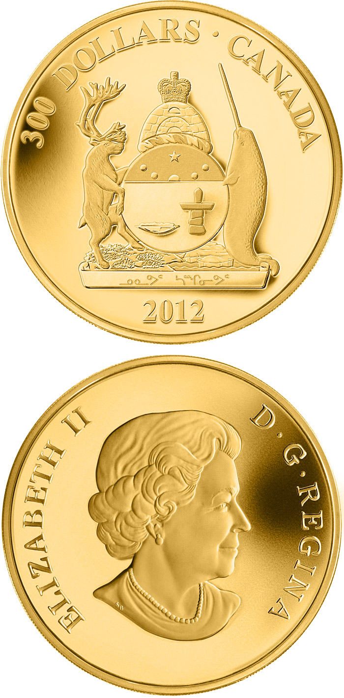 Image of 300 dollars coin - Nunavut Coat of Arms | Canada 2012.  The Silver coin is of Proof quality.