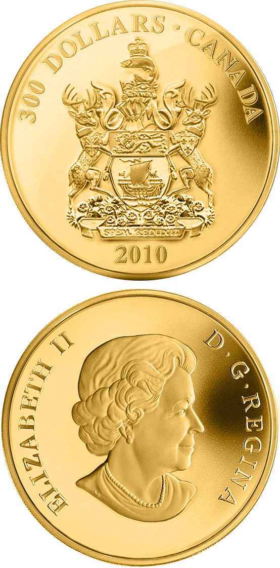 Image of 300 dollars coin - New Brunswick Coat of Arms | Canada 2010.  The Silver coin is of Proof quality.