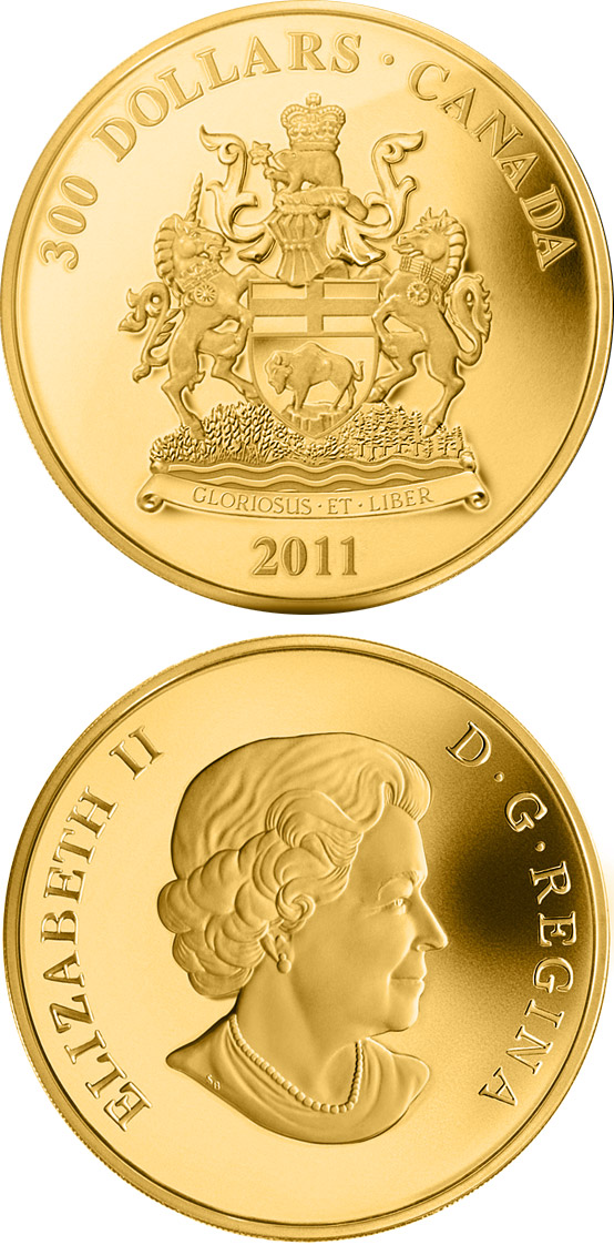 Image of 300 dollars coin - Manitoba Coat of Arms | Canada 2011.  The Silver coin is of Proof quality.