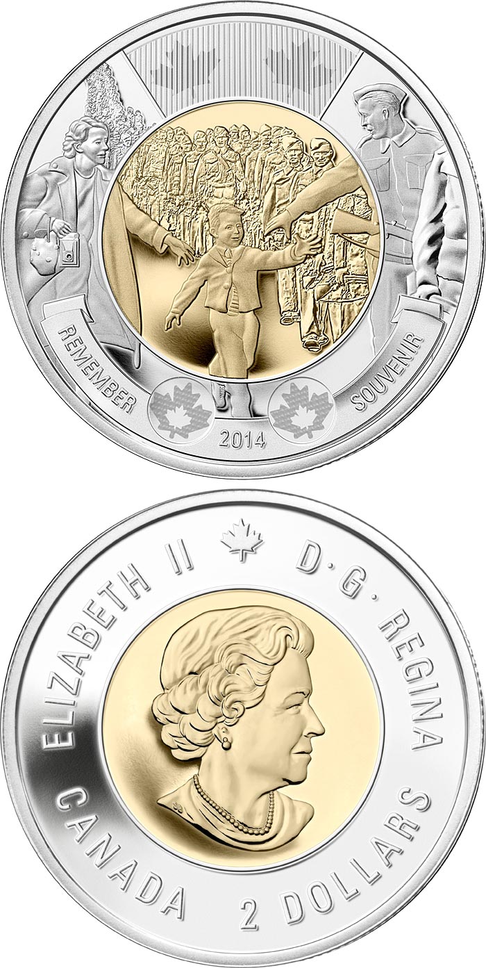 Image of 2 dollars coin - Wait for Me, Daddy | Canada 2014.  The Bimetal: CuNi, nordic gold coin is of UNC quality.