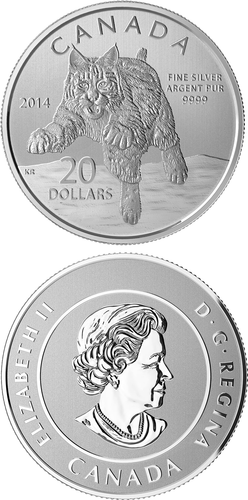 Image of 20 dollars coin - Bobcat  | Canada 2014.  The Silver coin is of BU quality.