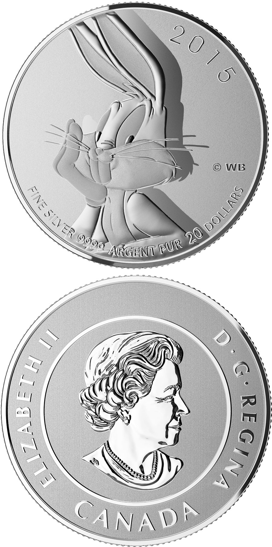 Image of 20 dollars coin - Bugs Bunny | Canada 2015.  The Silver coin is of BU quality.