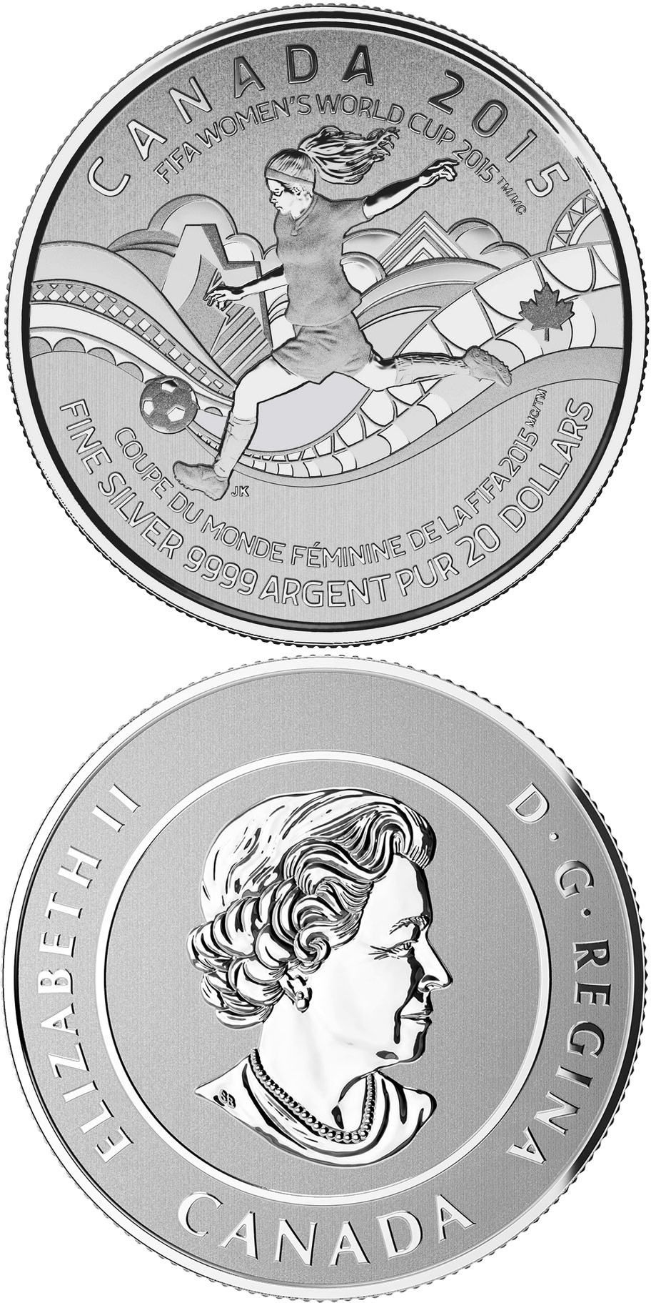 Image of 20 dollars coin - FIFA Women's World Cup Canada 2015 | Canada 2015.  The Silver coin is of BU quality.