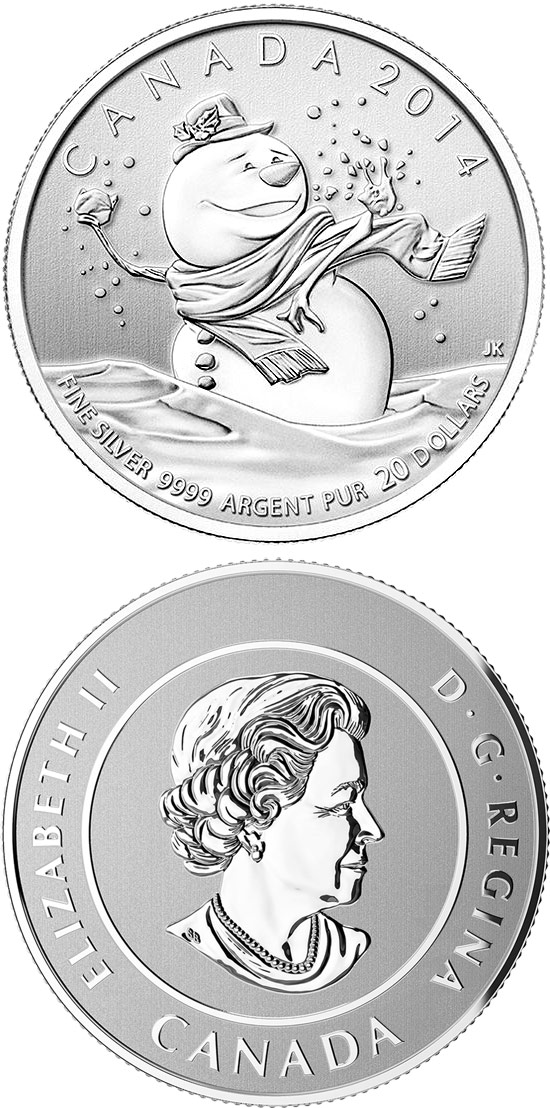 Image of 20 dollars coin - Snowman | Canada 2014.  The Silver coin is of BU quality.