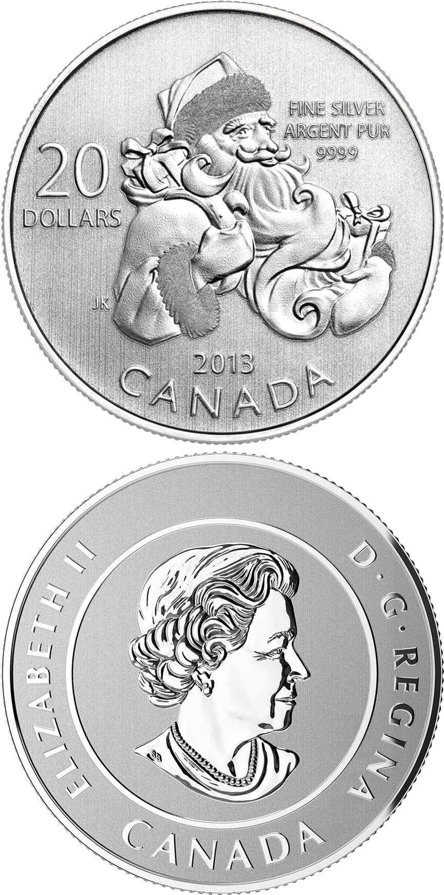 Image of 20 dollars coin - Santa | Canada 2013.  The Silver coin is of BU quality.