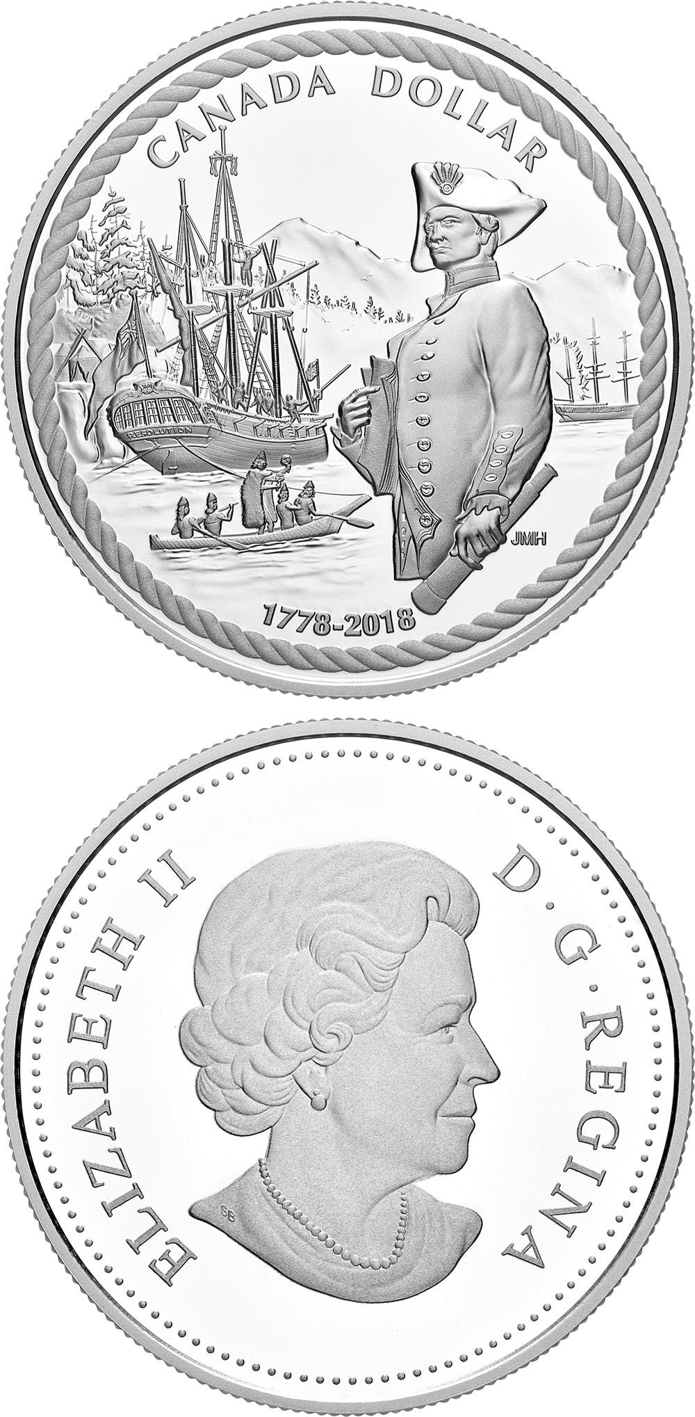 Image of 1 dollar coin - 240th Anniversary of Captain Cook at Nootka Sound | Canada 2018.  The Silver coin is of Proof quality.