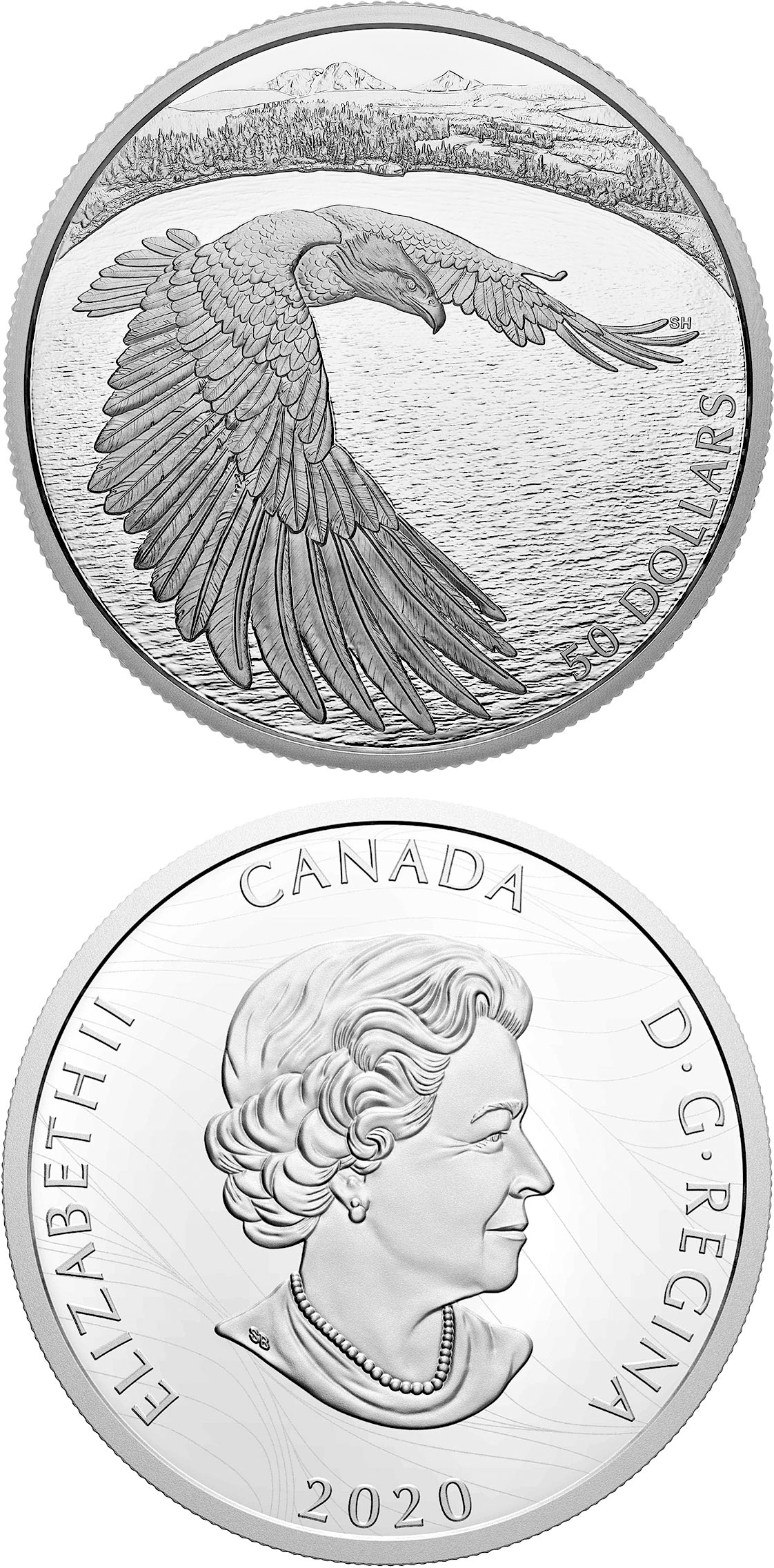 Image of 50 dollars coin - Courageous Bald Eagle | Canada 2020.  The Silver coin is of Proof quality.