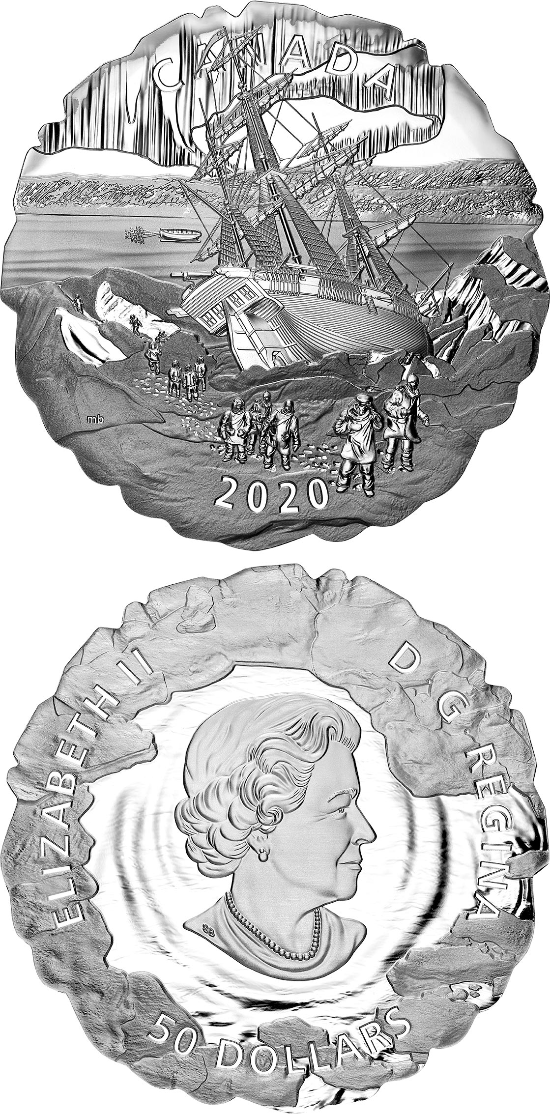 Image of 50 dollars coin - 175th Anniversary of Franklin's Lost Expedition | Canada 2020.  The Silver coin is of Proof quality.