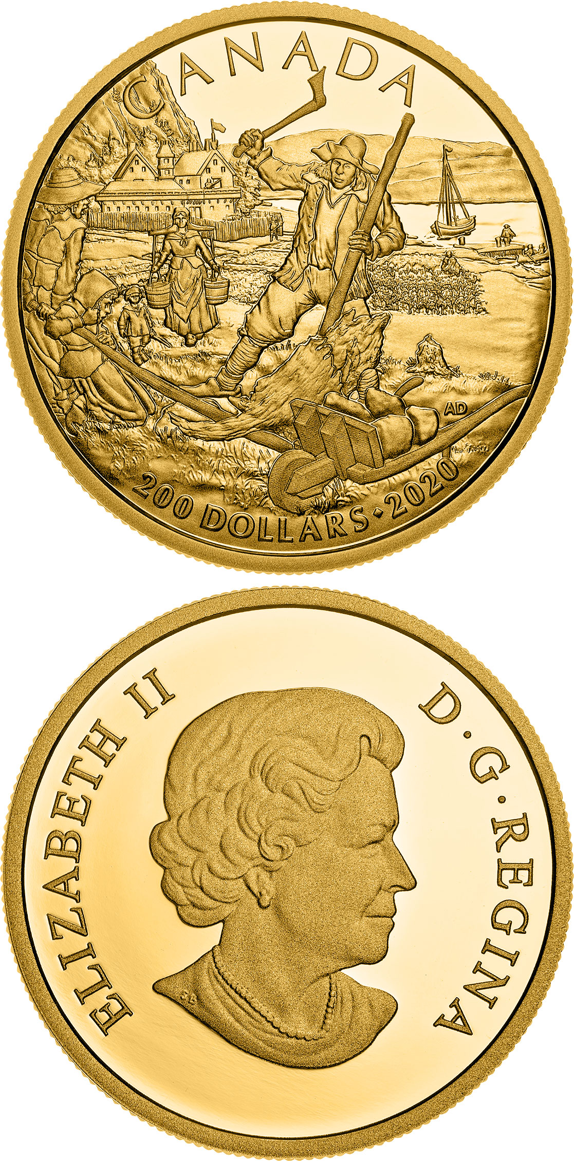 Image of 200 dollars coin - New France | Canada 2020.  The Gold coin is of Proof quality.