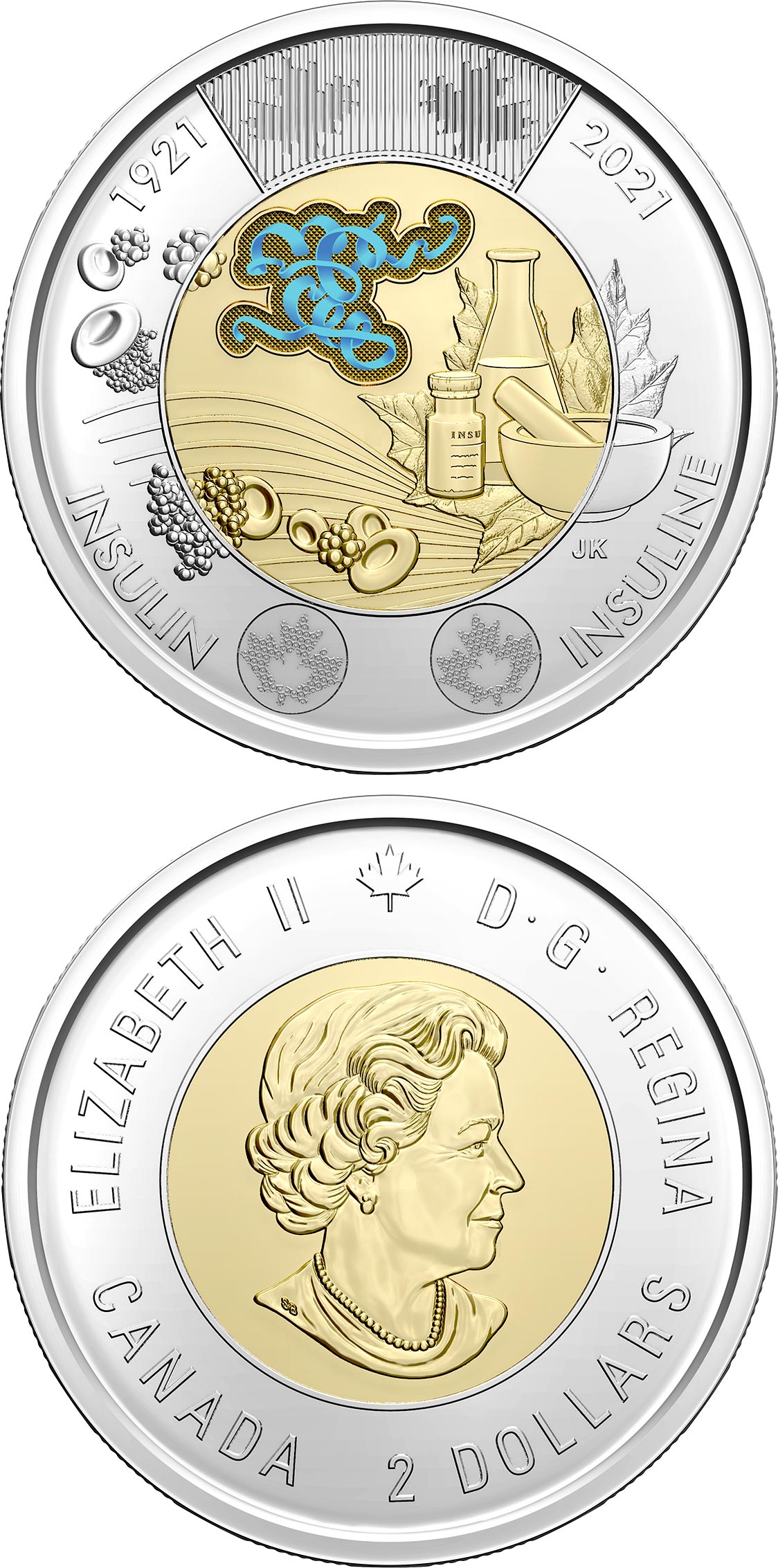 Image of 2 dollars coin - Discovery of Insulin | Canada 2021.  The Bimetal: CuNi, nordic gold coin is of UNC quality.
