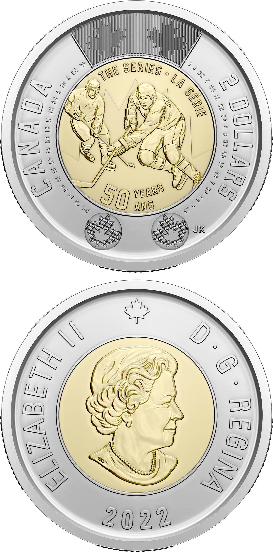 Image of 2 dollars coin - 50th Anniversary of the Summit Series | Canada 2022.  The Bimetal: CuNi, nordic gold coin is of UNC quality.