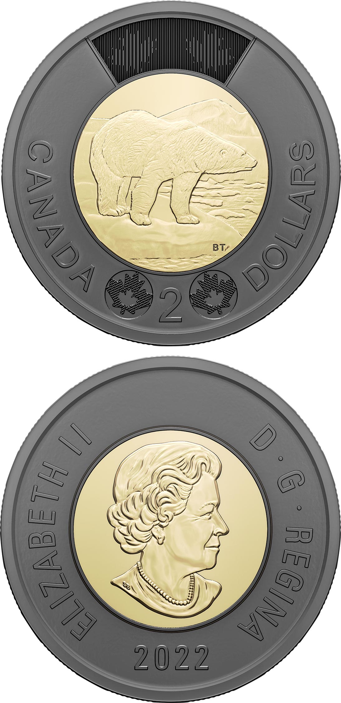 Image of 2 dollars coin - Honouring Queen Elizabeth II | Canada 2022.  The Bimetal: CuNi, nordic gold coin is of UNC quality.
