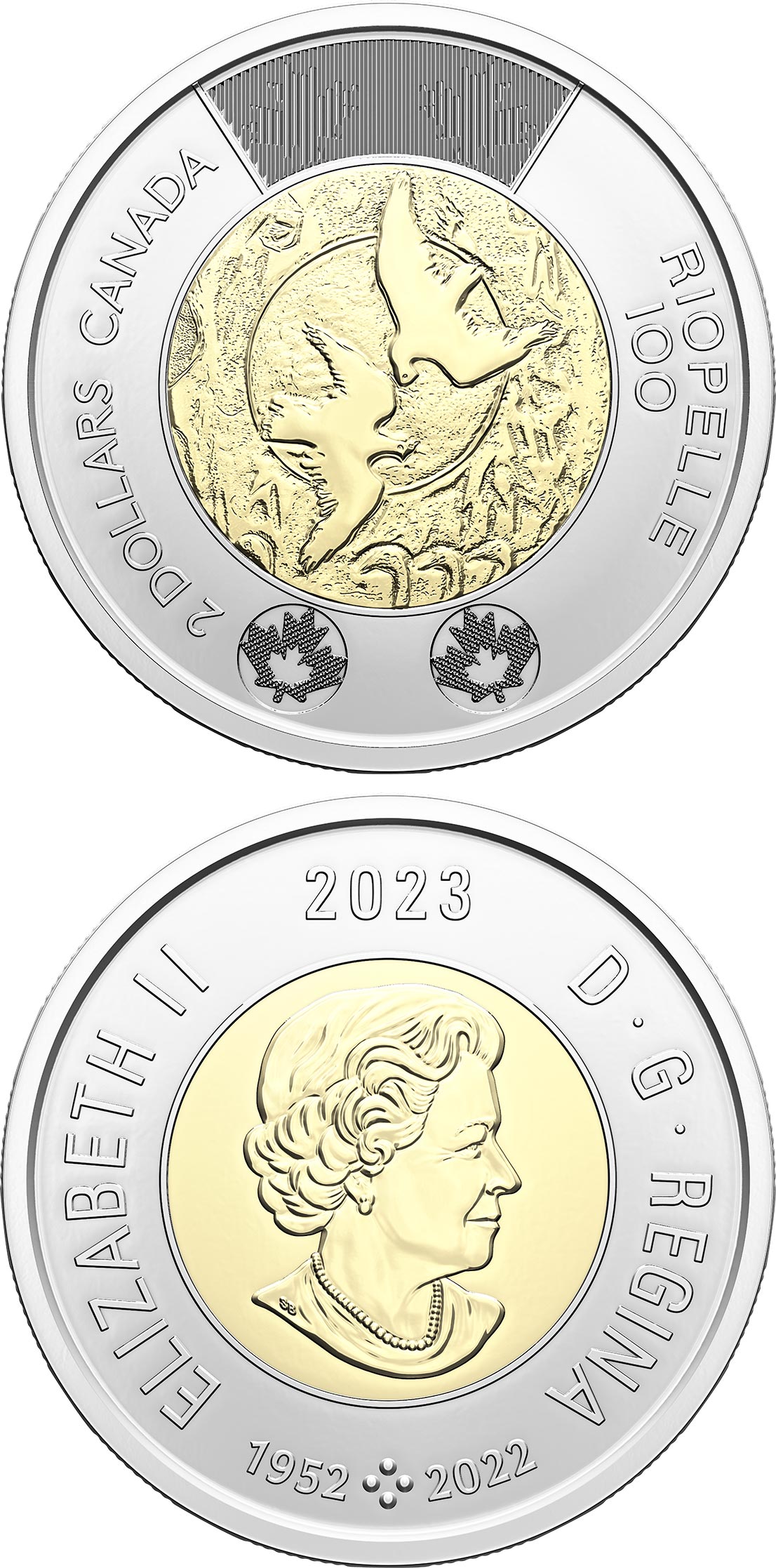 Image of 2 dollars coin - 100th Anniversary of the Birth of Jean Paul Riopelle | Canada 2023.  The Bimetal: CuNi, nordic gold coin is of UNC quality.