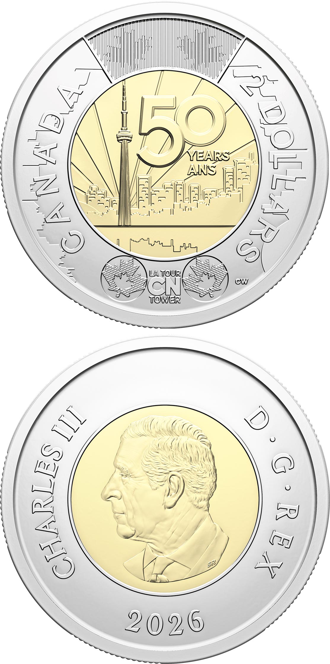 Image of 2 dollars coin - CN Tower | Canada 2025.  The Bimetal: CuNi, nordic gold coin is of UNC quality.
