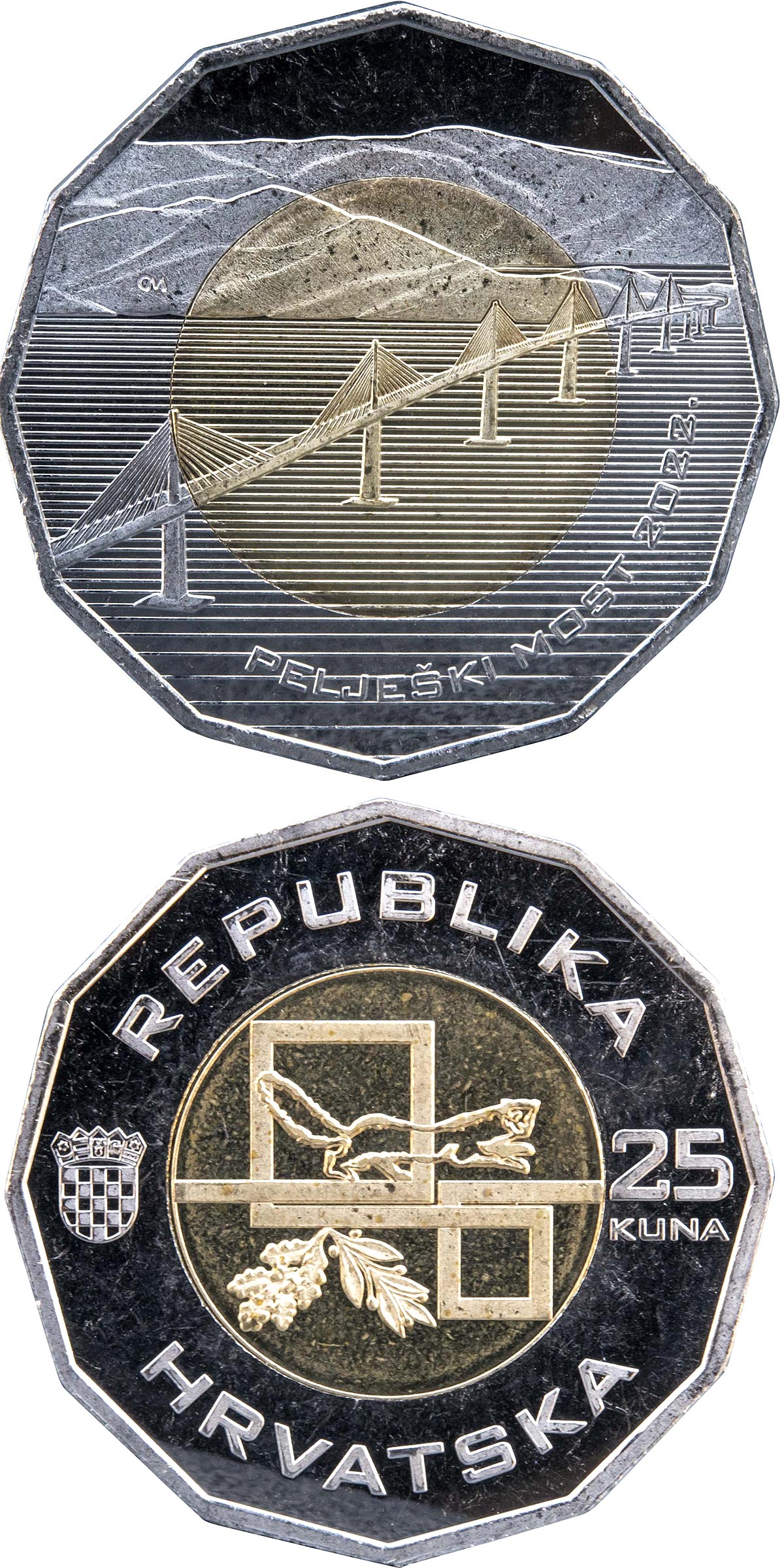 Image of 25 kuna coin - Pelješac Bridge | Croatia 2022.  The Copper–Nickel (CuNi) coin is of BU quality.