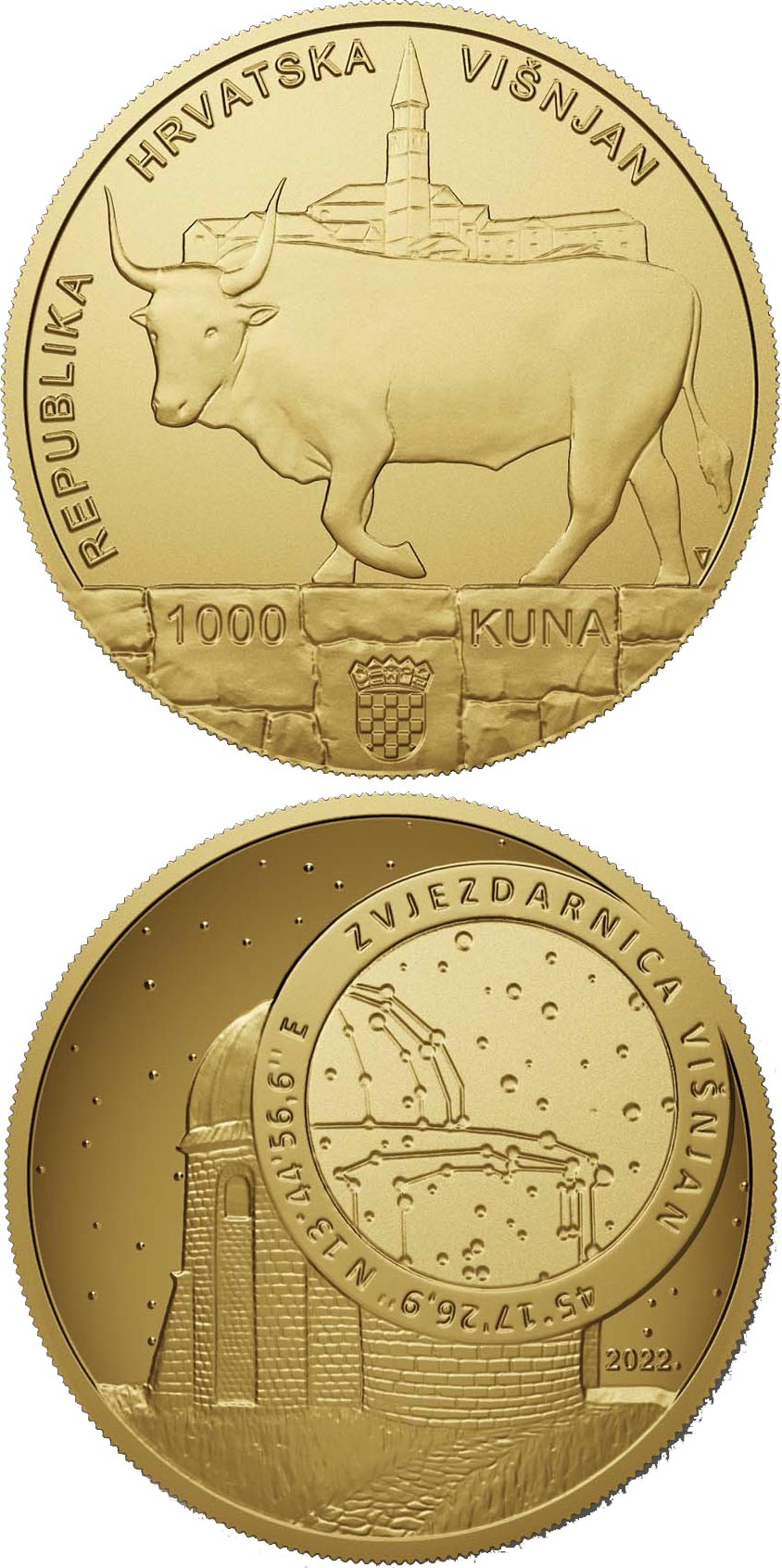 Image of 1000 kuna coin - Višnjan Observatory | Croatia 2022.  The Gold coin is of BU quality.
