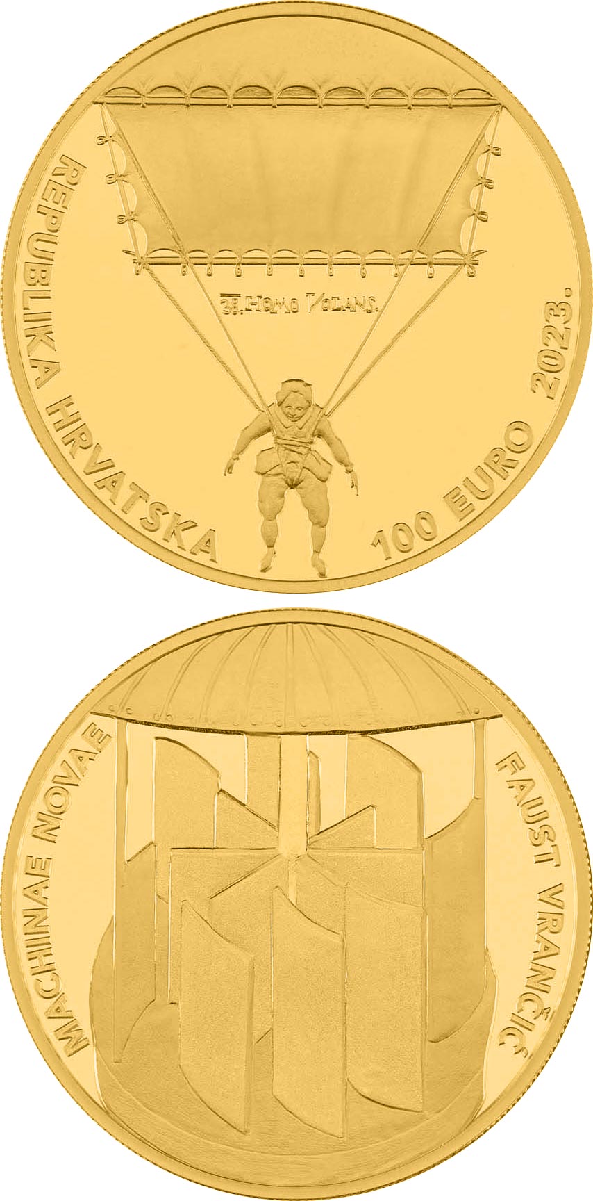 Image of 100 euro coin - Faust Vrančić’s Innovations | Croatia 2023.  The Gold coin is of BU quality.