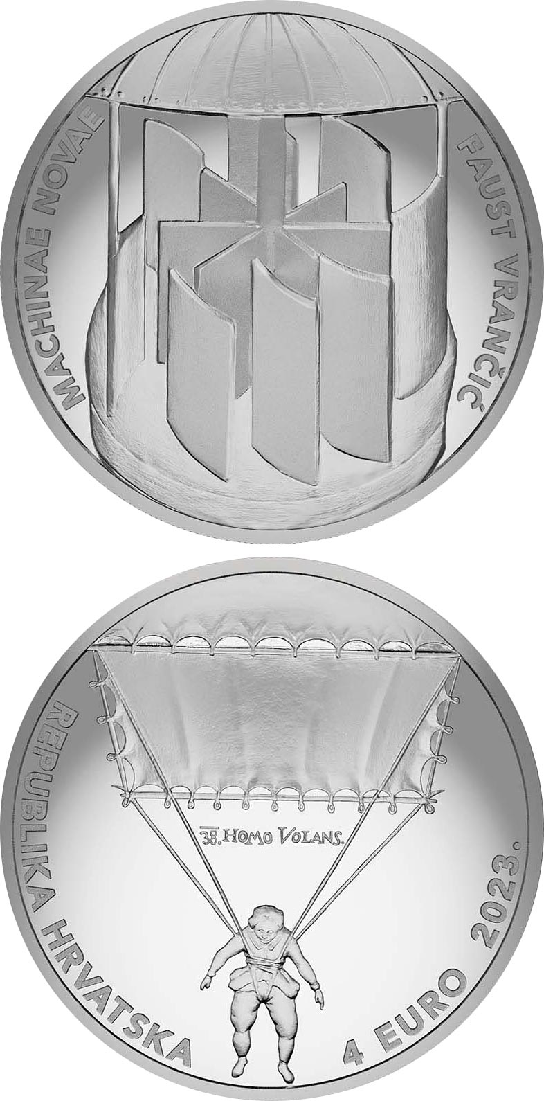 Image of 4 euro coin - Faust Vrančić’s Innovations | Croatia 2023.  The Silver coin is of BU quality.