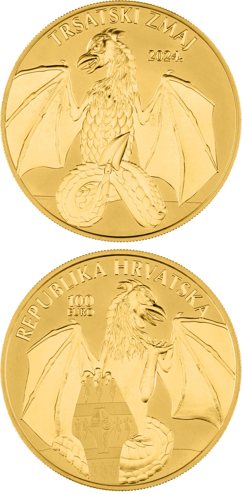 Image of 100 euro coin - Trsat Dragon | Croatia 2024.  The Gold coin is of BU quality.