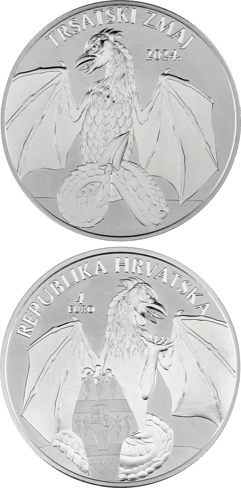 Image of 4 euro coin - Trsat Dragon | Croatia 2024.  The Silver coin is of BU quality.