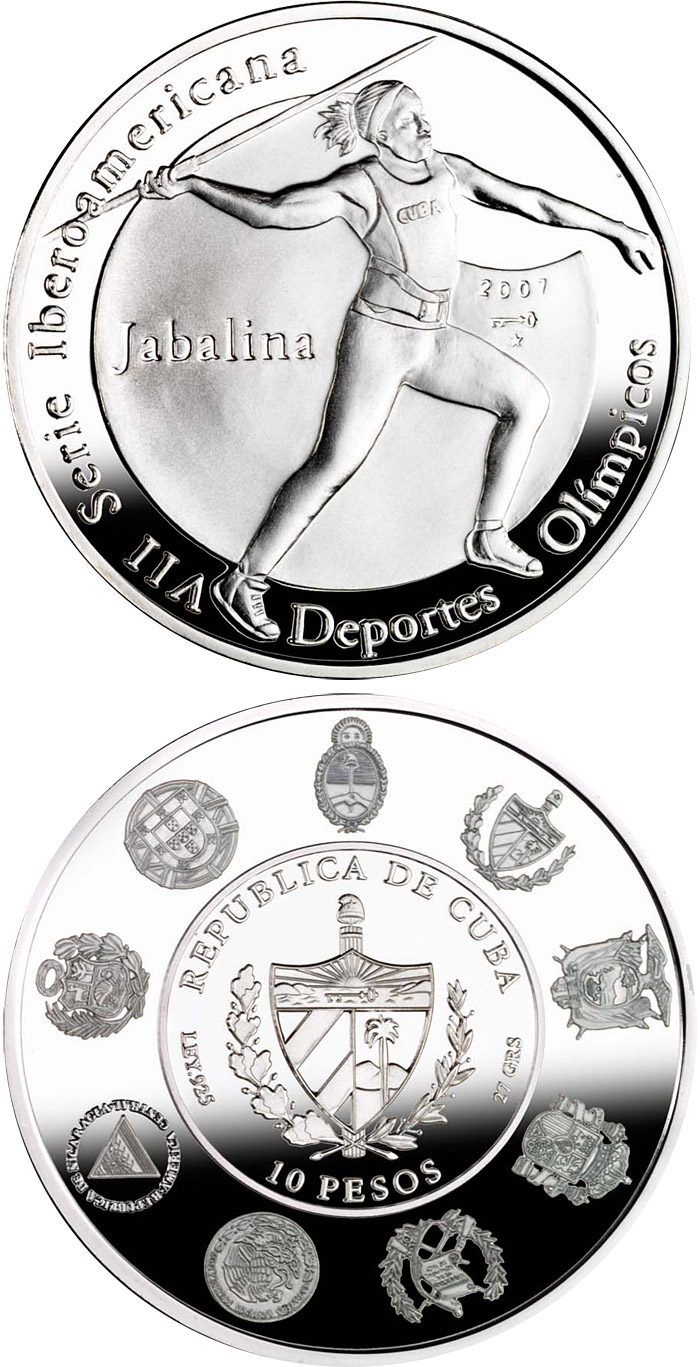 Image of 10 pesos coin - The Olympic Games – Javelin throwing | Cuba 2007.  The Silver coin is of Proof quality.