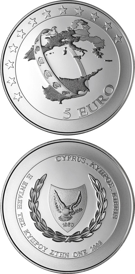 Image of 5 euro coin - Accession of Cyprus to the euro area | Cyprus 2008.  The Silver coin is of Proof quality.