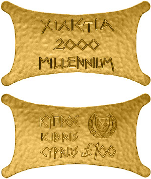 Image of 100 pounds coin - Third Millennium | Cyprus 2000.  The Gold coin is of Proof quality.