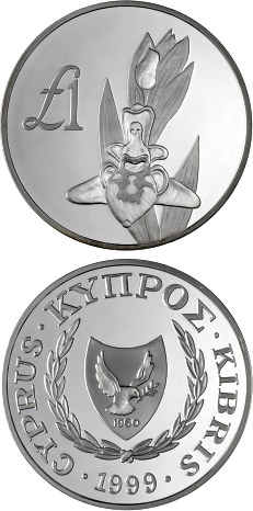 Image of 1 pound coin - Cyprus wildlife: Cyprus orchid – melissaki (orphys kotschyi) | Cyprus 1999.  The Silver coin is of Proof quality.