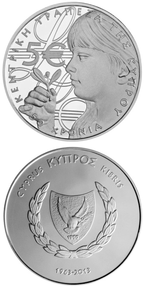 Image of 5 euro coin - 50 Years of the Central Bank of Cyprus | Cyprus 2013.  The Silver coin is of Proof quality.