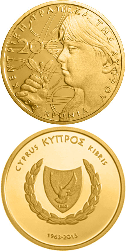 Image of 20 euro coin - 50 Years of the Central Bank of Cyprus | Cyprus 2013.  The Gold coin is of Proof quality.