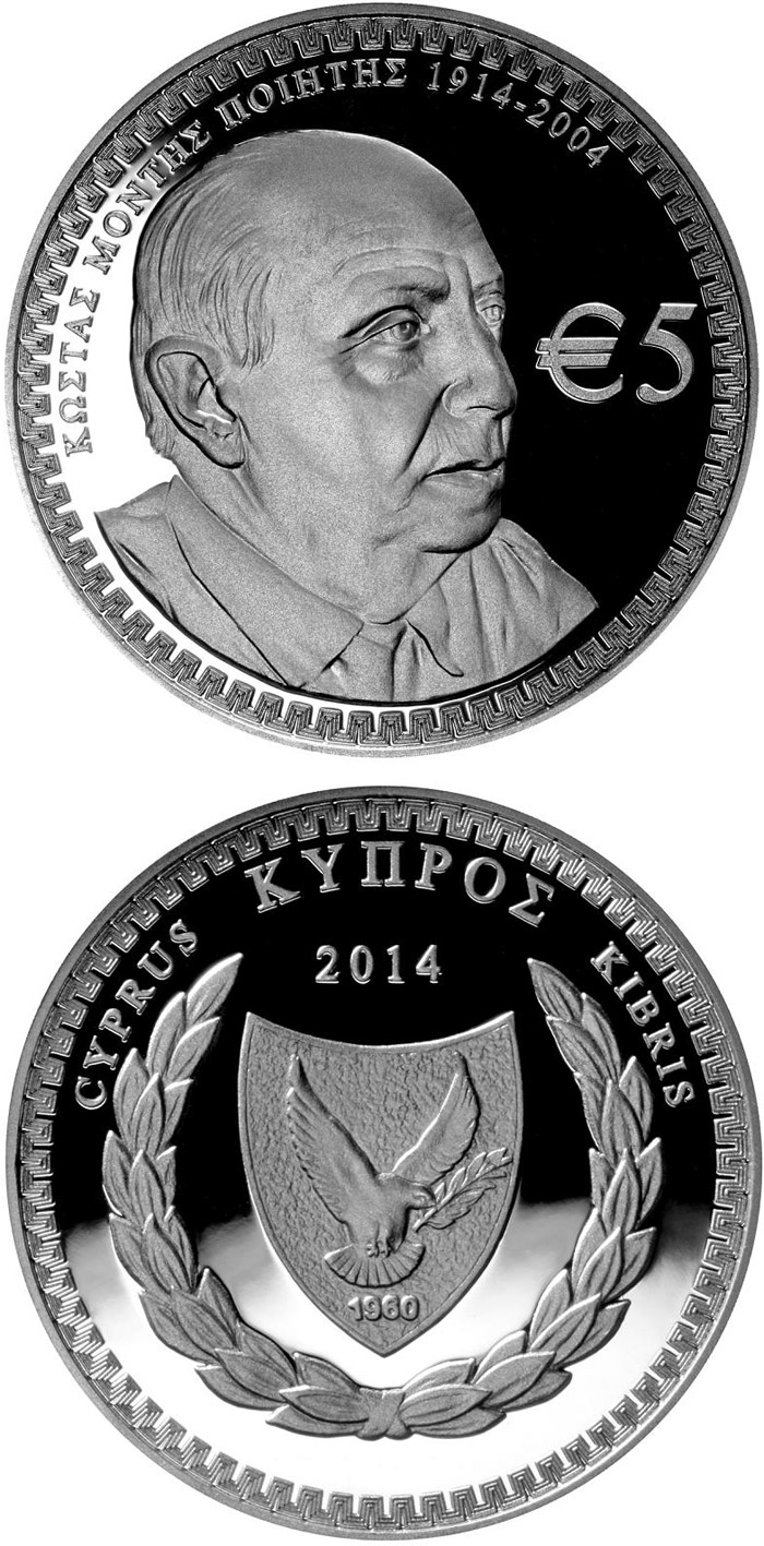 Image of 5 euro coin - 100th Anniversary of the Birth of Costas Montis | Cyprus 2014.  The Silver coin is of Proof quality.