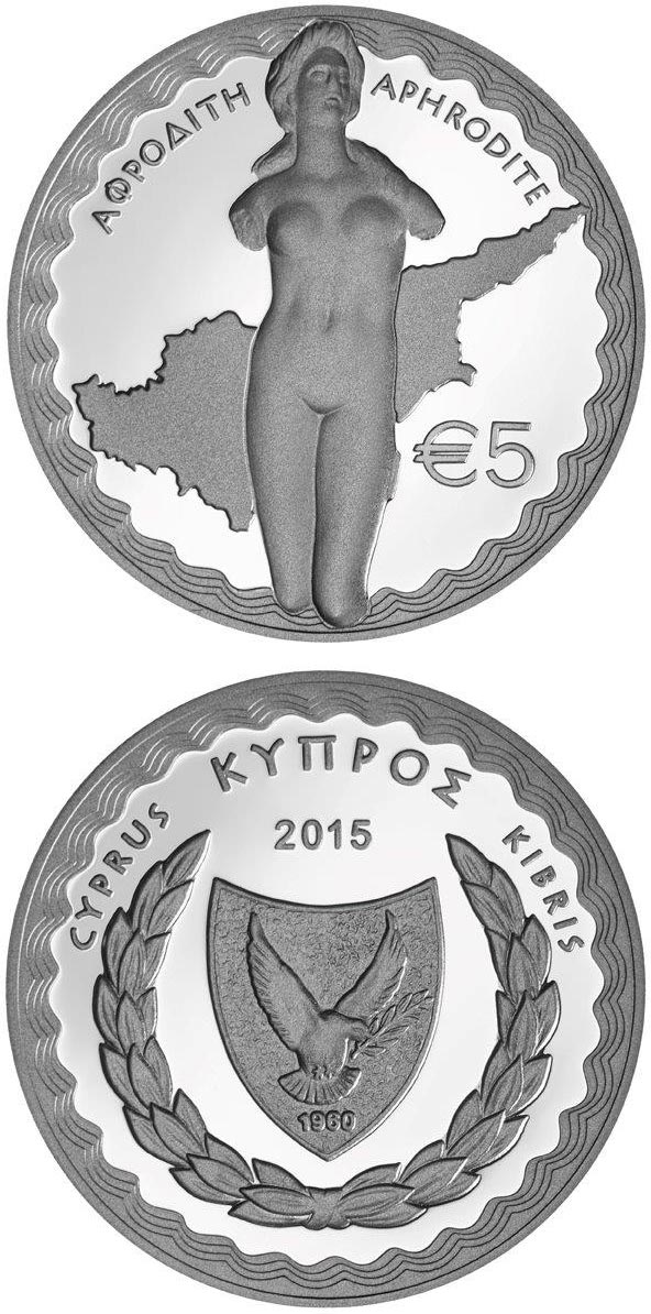 Image of 5 euro coin - Aphrodite | Cyprus 2015.  The Silver coin is of Proof quality.