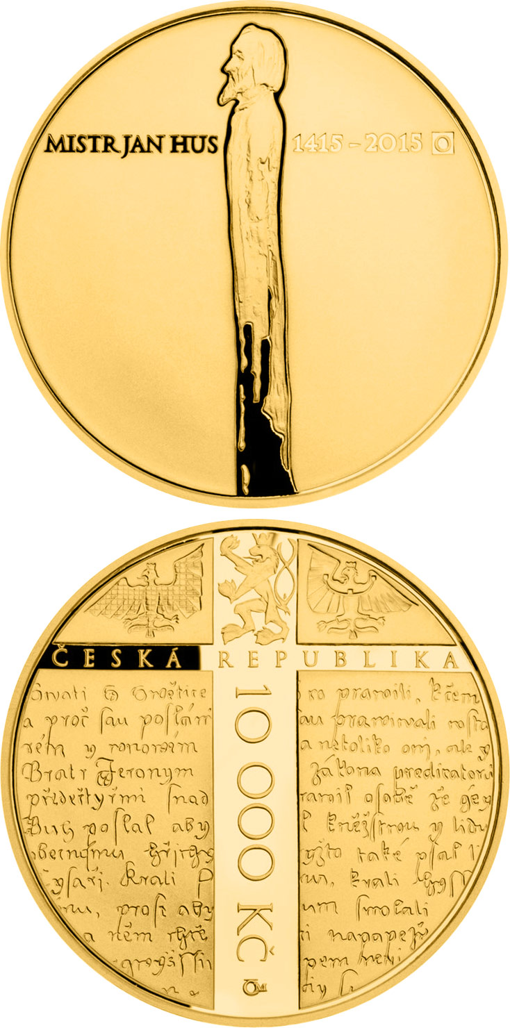 Image of 10000 koruna coin - 600th Anniversary of the Death of Jan Hus  | Czech Republic 2015.  The Gold coin is of Proof, BU quality.