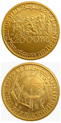 Image of 2500 koruna coin - High Gothic fountain in Kutná Hora | Czech Republic 2002.  The Gold coin is of Proof, BU quality.