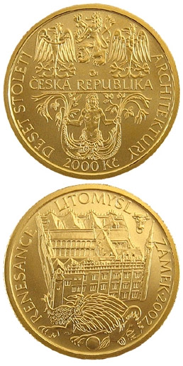 Image of 2500 koruna coin - Renaissance - castle in Litomyšl | Czech Republic 2002.  The Gold coin is of Proof, BU quality.