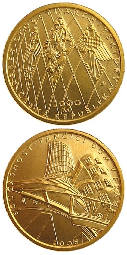 Image of 2500 koruna coin - Contemporary - Dancing House in Prague | Czech Republic 2005.  The Gold coin is of Proof, BU quality.