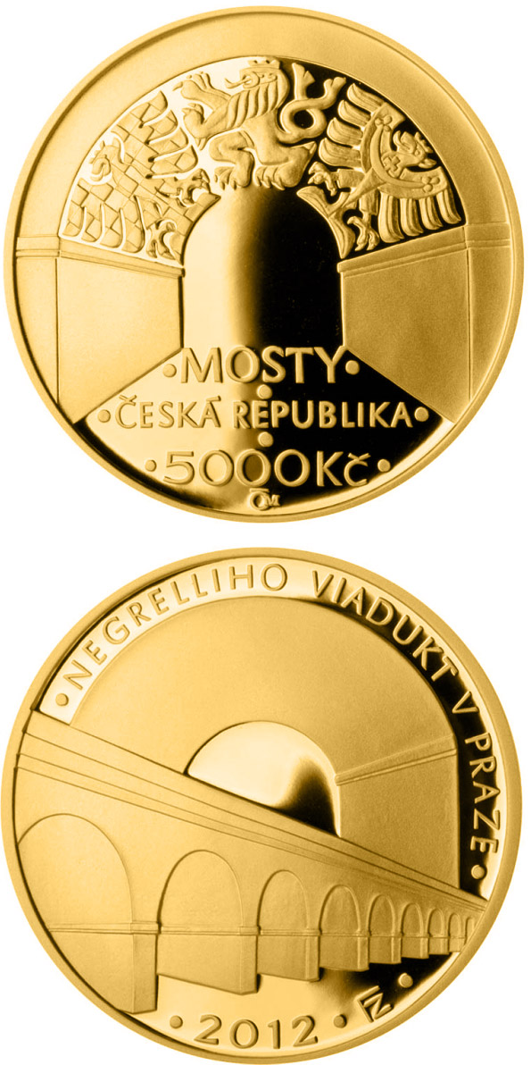 Image of 5000 koruna coin - Negrelli Viaduct in Prague | Czech Republic 2012.  The Gold coin is of Proof, BU quality.