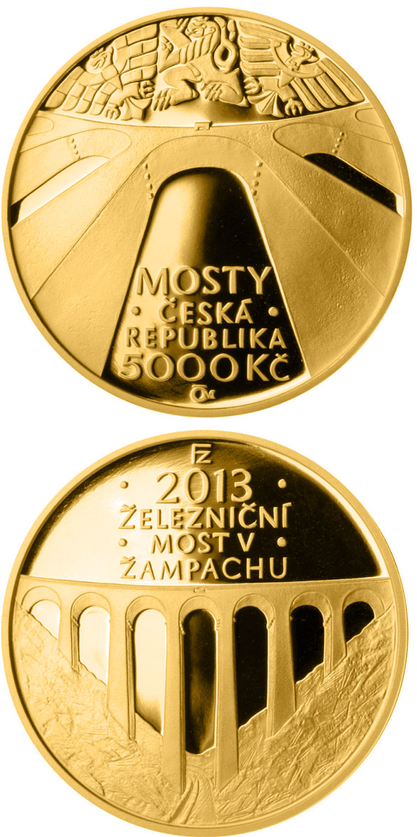 Image of 5000 koruna coin - Railway bridge in Žampach | Czech Republic 2013.  The Gold coin is of Proof, BU quality.