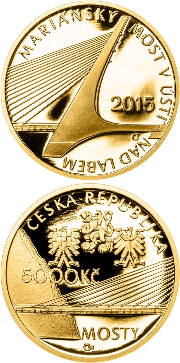 Image of 5000 koruna coin - Mariánský Bridge in Ústí nad Labem | Czech Republic 2015.  The Gold coin is of Proof, BU quality.
