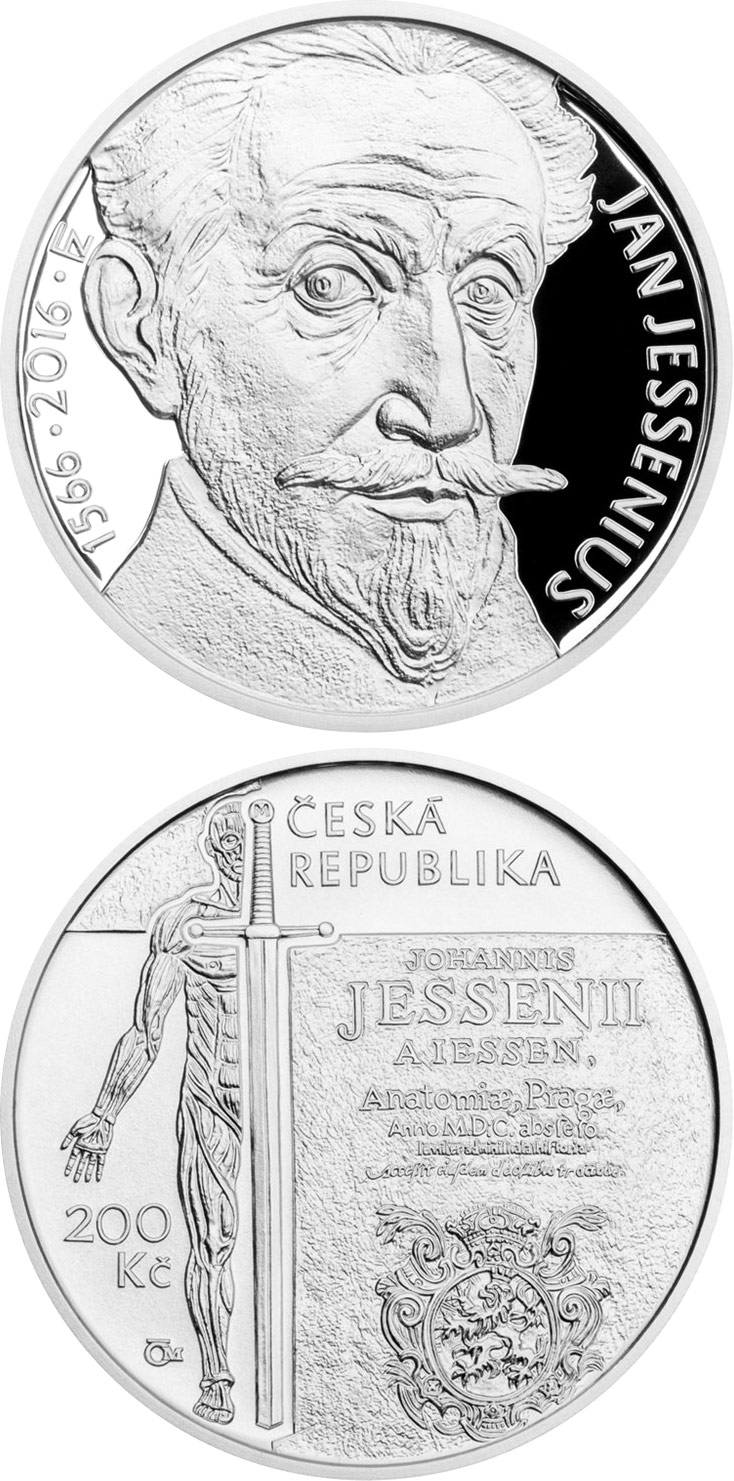 Image of 200 koruna coin - Birth of Jan Jessenius | Czech Republic 2016.  The Silver coin is of Proof, BU quality.