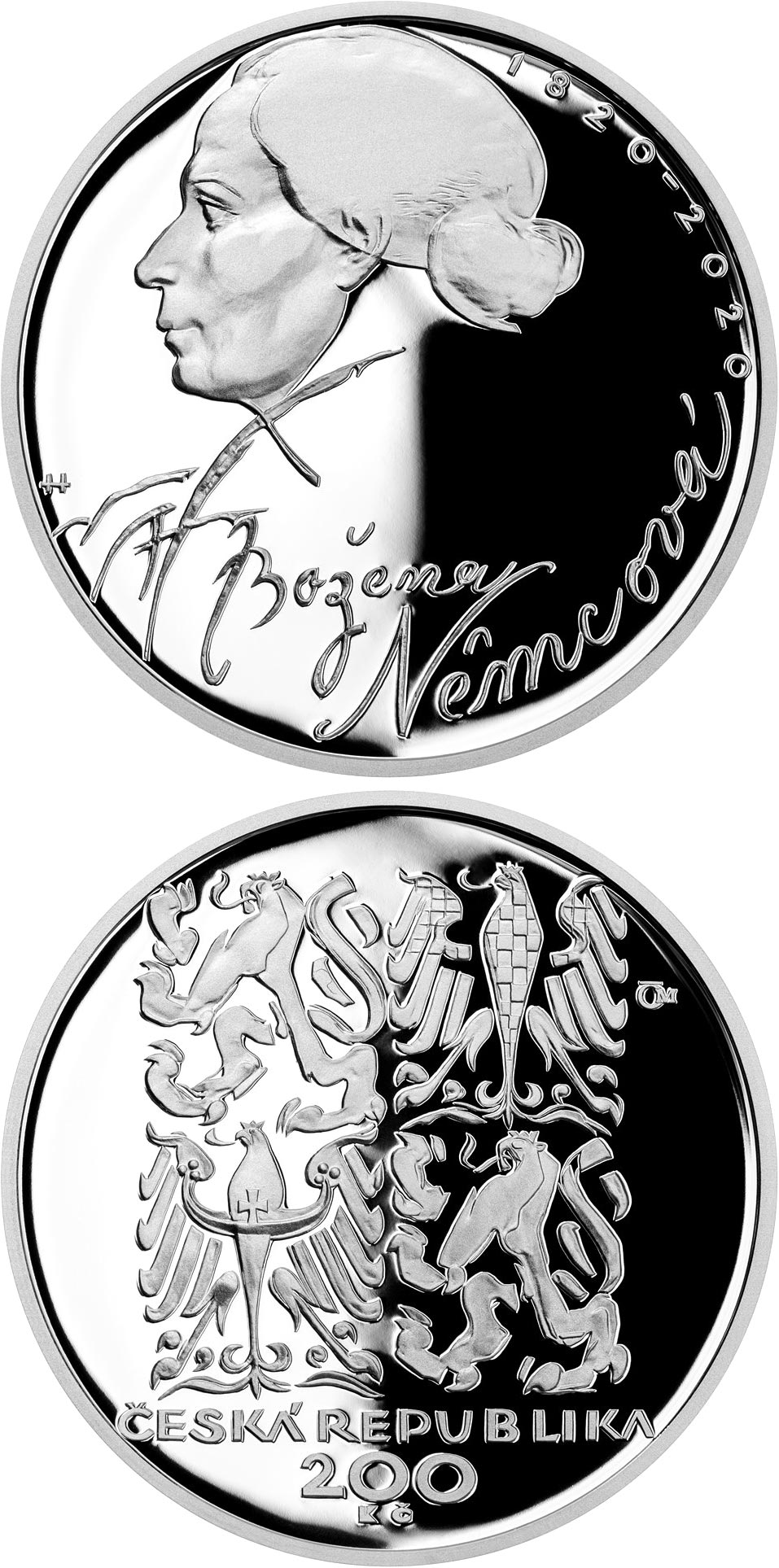 Image of 200 koruna coin - Birth of Božena Němcová | Czech Republic 2020.  The Silver coin is of Proof, BU quality.