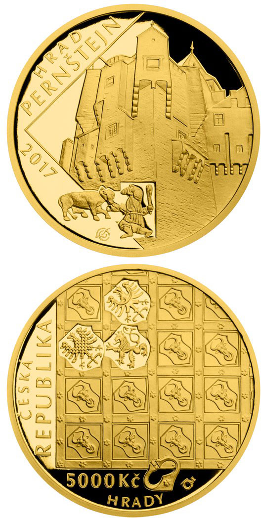 Image of 5000 koruna coin - Pernštejn | Czech Republic 2017.  The Gold coin is of Proof, BU quality.