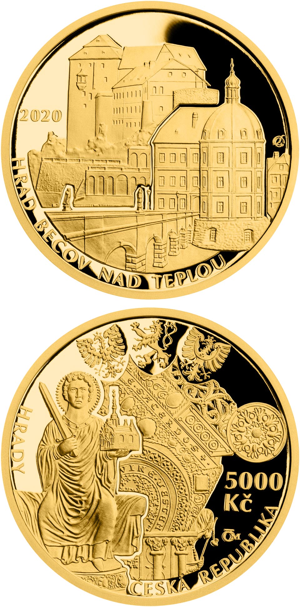 Image of 5000 koruna coin - Bečov nad Teplou | Czech Republic 2020.  The Gold coin is of Proof, BU quality.