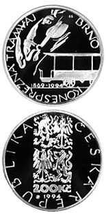 Image of 200 koruna coin - 125th anniversary of the horse-drawn tram in Brno | Czech Republic 1994.  The Silver coin is of Proof, BU quality.