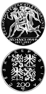 Image of 200 koruna coin - 100th anniversary of the foundation of the Czech Amateur Athletic Union and the holding of the oldest race Běchovice-Praha | Czech Republic 1997.  The Silver coin is of Proof, BU quality.