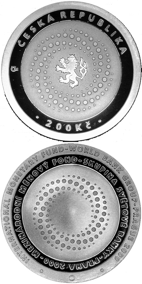Image of 200 koruna coin - The InternationalMonetary Fund and World Bank Group Meetings in Prague | Czech Republic 2000.  The Silver coin is of Proof, BU quality.