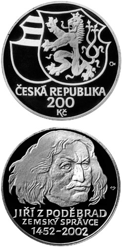 Image of 200 koruna coin - 550th anniversary: George of Poděbrady appointed Governor of the Crown Lands of Bohemia | Czech Republic 2002.  The Silver coin is of Proof, BU quality.