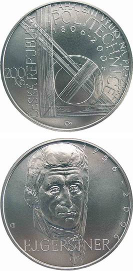 Image of 200 koruna coin - 250th anniversary of the birth of physicist and engineer František Josef Gerstner200th anniversary of the teaching starts at the Prague Polytechnic University | Czech Republic 2006.  The Silver coin is of Proof, BU quality.