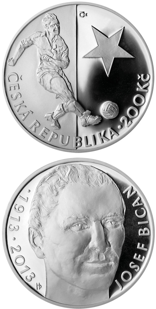 Image of 200 koruna coin - Birth of footballer Josef Bican | Czech Republic 2013.  The Silver coin is of Proof, BU quality.