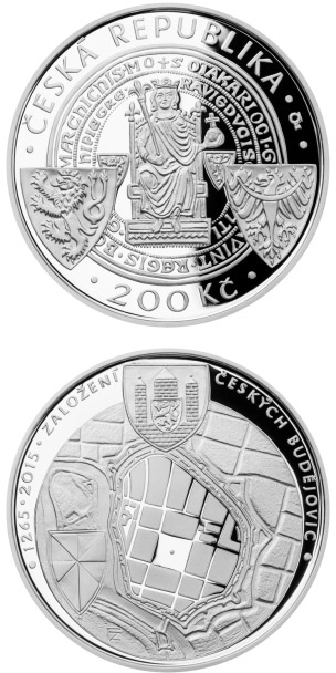 Image of 200 koruna coin - Foundation of České Budějovice as royal city | Czech Republic 2015.  The Silver coin is of Proof, BU quality.